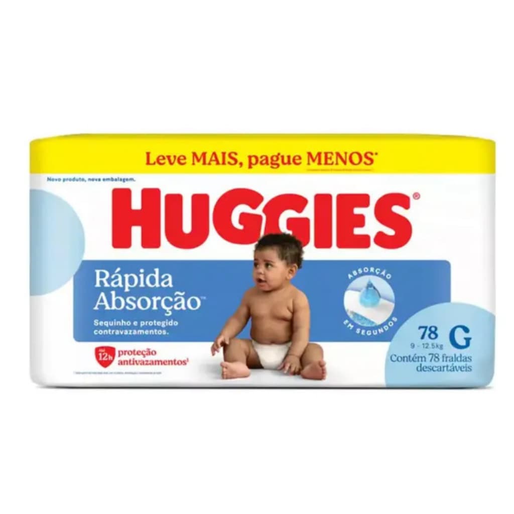 Fralda Huggies Rápida Absorção Hiper G 78 Unidades Descartável Conforto e Proteção para Bebê