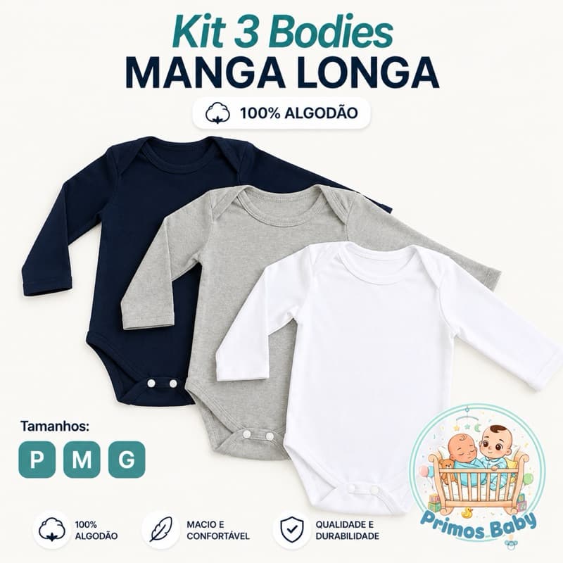 Kit Body Bebe Manga Longa Liso 3 peças 100% Algodão Menina Menino Enxoval Infantil