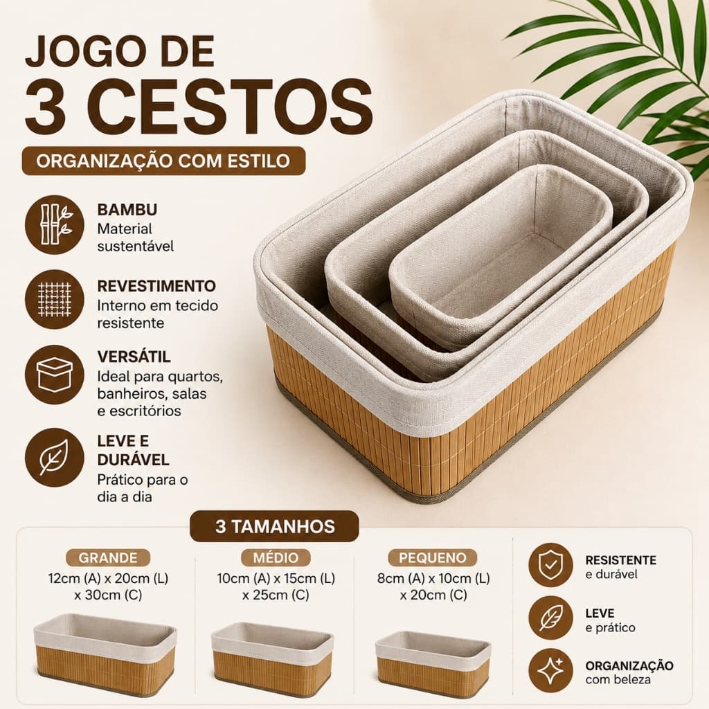 Conjunto kit Cestos Organizador Multiuso Bambu 3 Peças Organização Cozinha Banheiro Sala