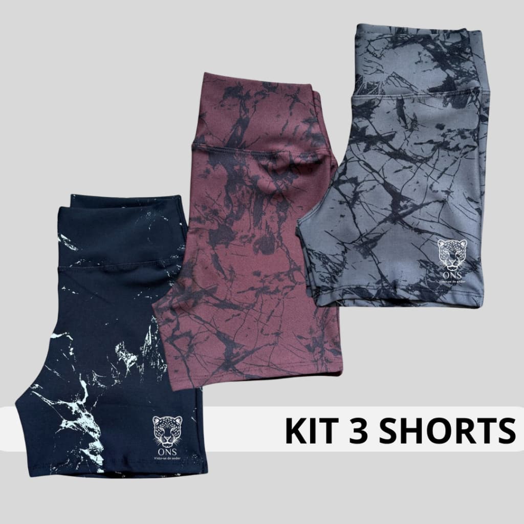 Kit 3 Shorts Feminino Academia Marmorizado Fitness Degrade Crossfit Cintura Alta Roupa Fitness