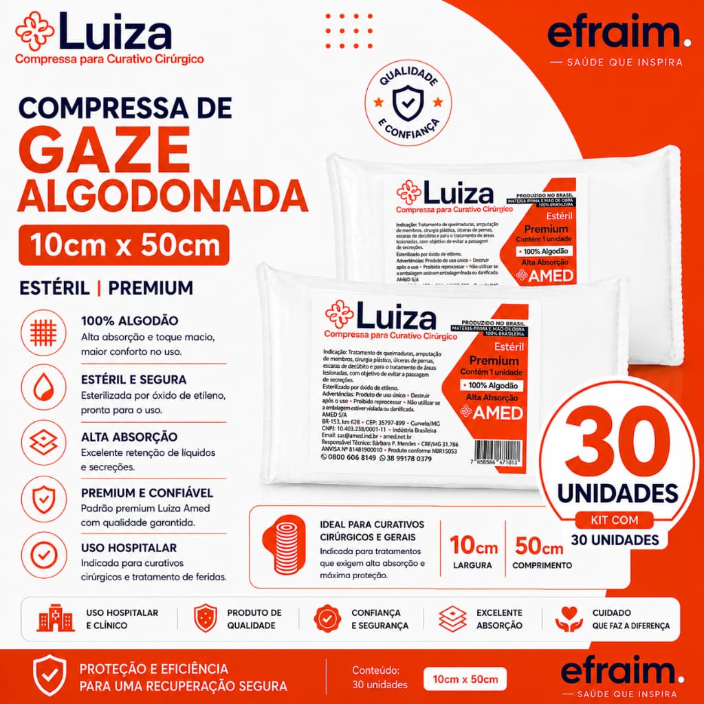 kit 30 Compressa algodonada 10cmx50cm (zobec) Curativo AMED