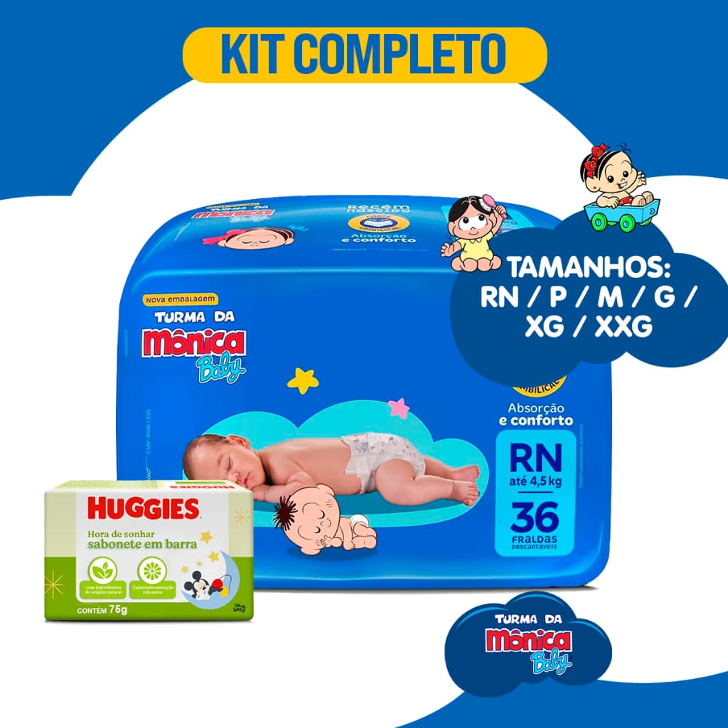 kit 3 pacotes de fralda descartável turma da Mônica chá de bebê promoção +1 SABONETE HUGGIES