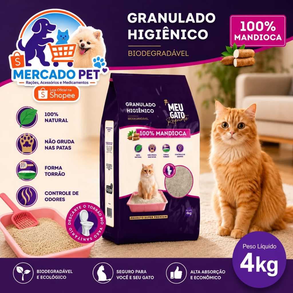 Areia Sanitária p/ Gatos 4kg Biodegradável 100% Mandioca Controle de Odores Forma Torrões
