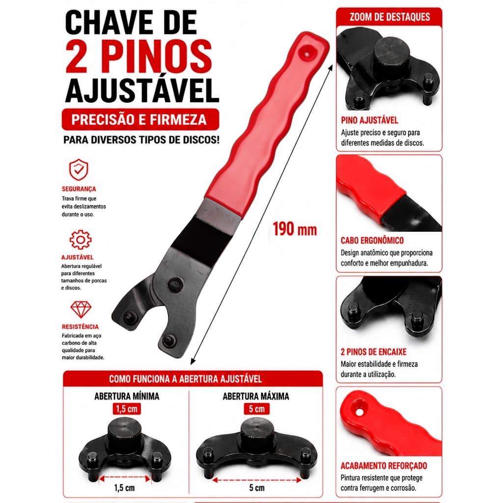 Chave 2 Pinos Ajustável 1 ou 2 Unidades para Esmerilhadeira Discos 110 a 230mm Aço Carbono Universal