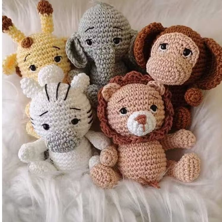 Kit 5 Bichinhos de Crochê Amigurumi Decoração Quarto Bebê Safari