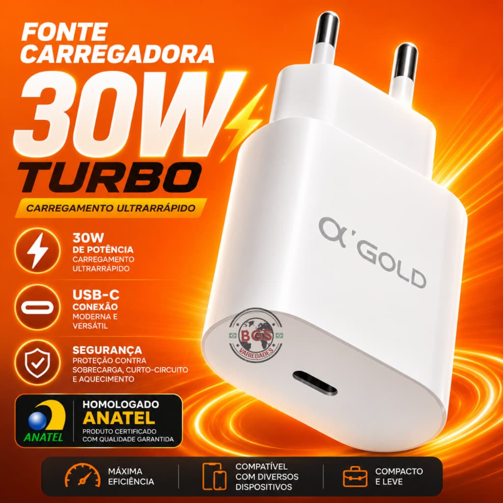 Fonte Carregador PD USB C 30W  Turbo Anatel Rápido Original AGOLD Tomada Android Iphone