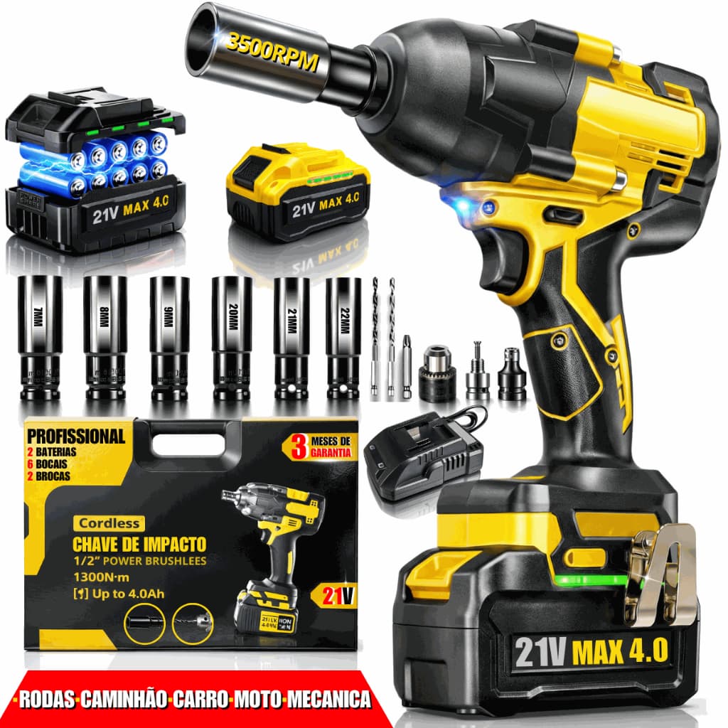Kit Completo Furadeira Chave de Impacto 21V Brushless 2 Baterias Soquetes Brocas + Maleta Transporte
