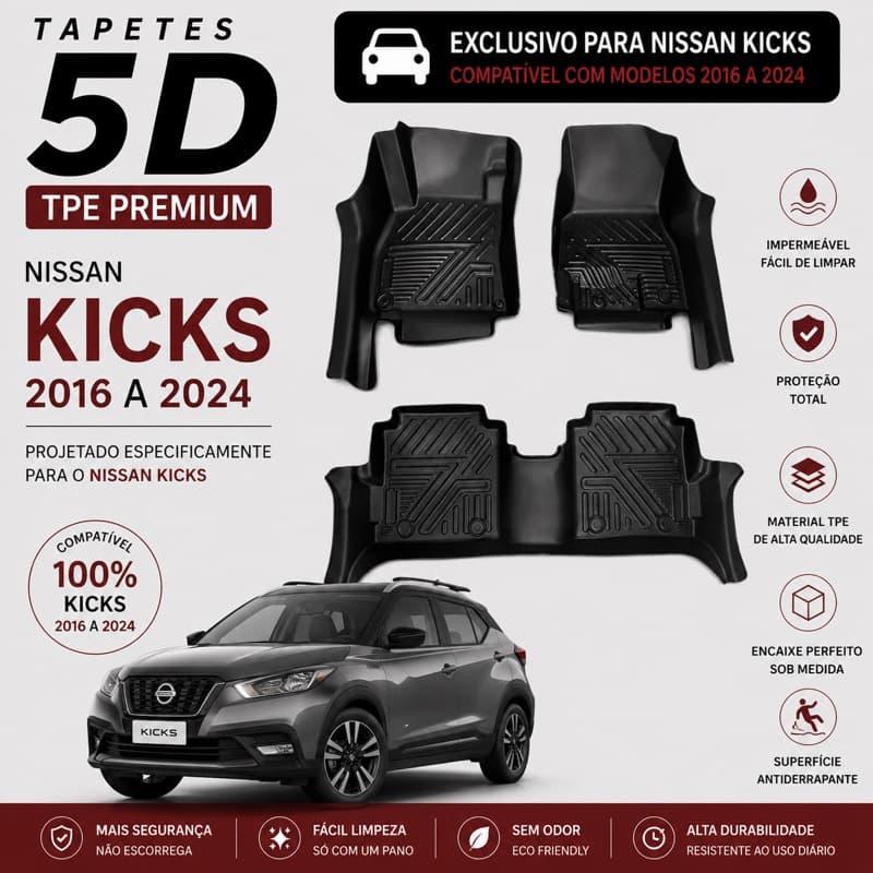 Tapete Bandeja Automotivo TPE 5D Sob Medida Kicks (2016~2024) – Resistente, Lavável e Antiderrapante