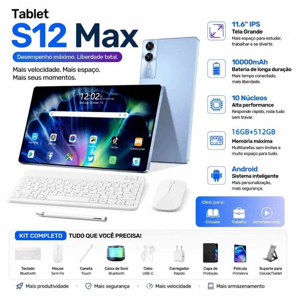 Hancdon S12Max Tablet with Free Keyboard and Mouse | 16GB RAM 512GB | 11.6" HD Screen | Android 15 | 5G