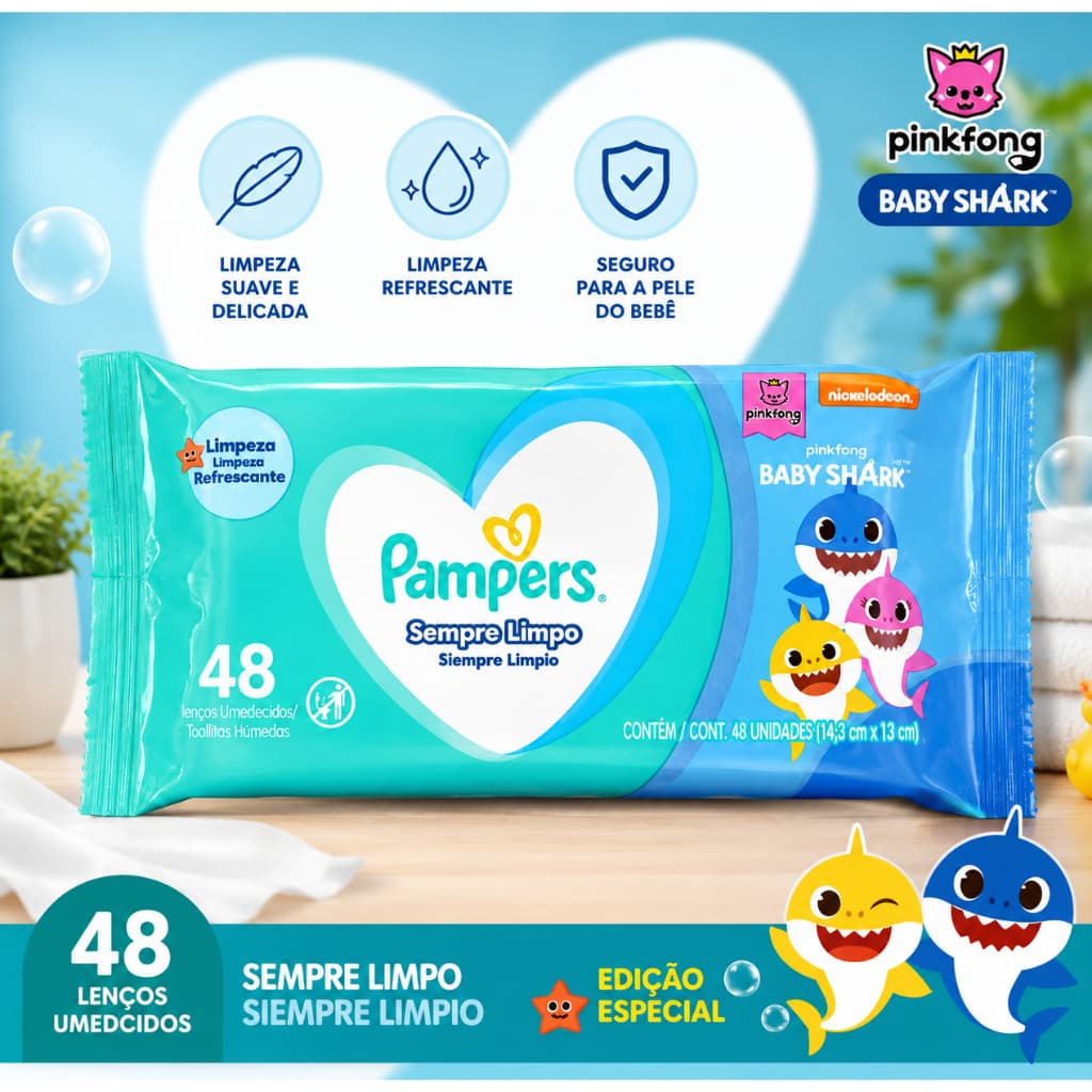 Lenços Umedecidos Bebê Pampers Baby Shark 48 Unidades