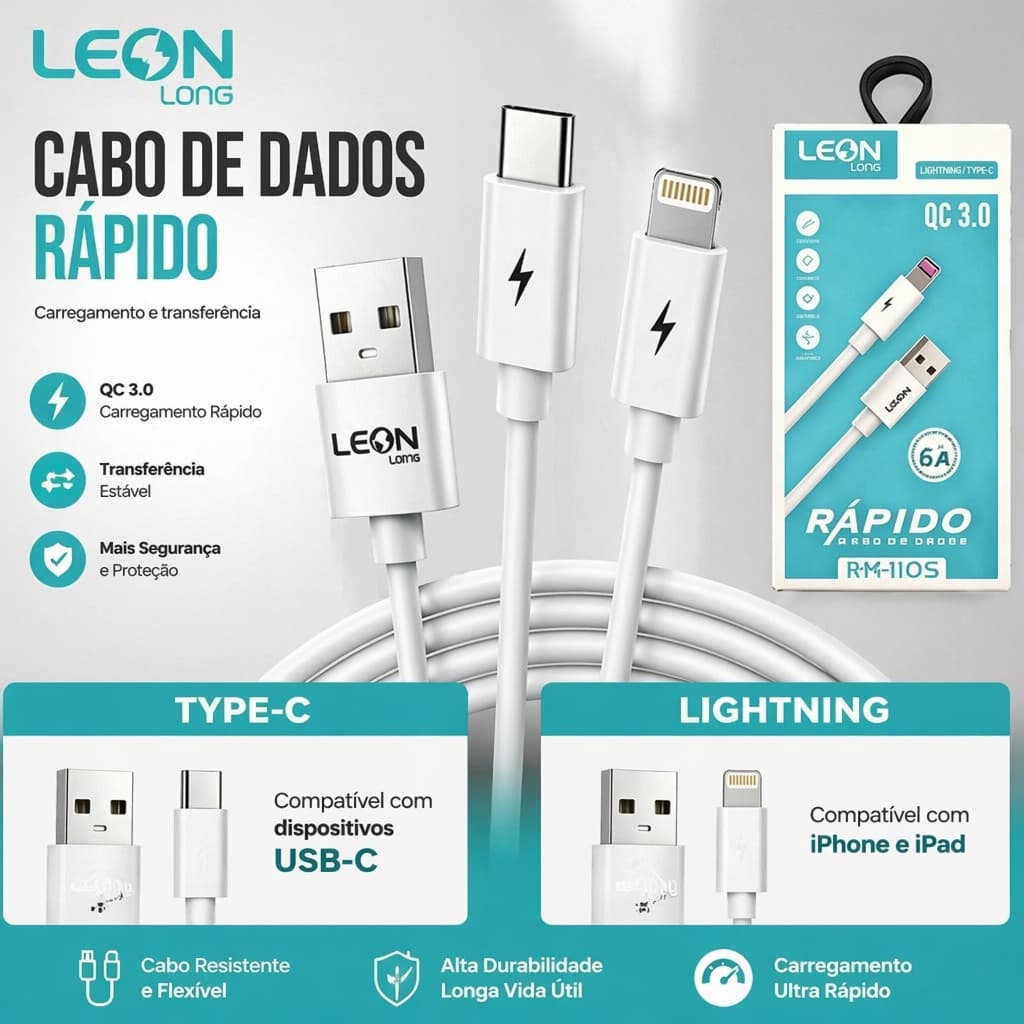 Cabo 6A 1M Tipo C Ou Lightning Carga Rápida Para iPhone Android Celular Tablet