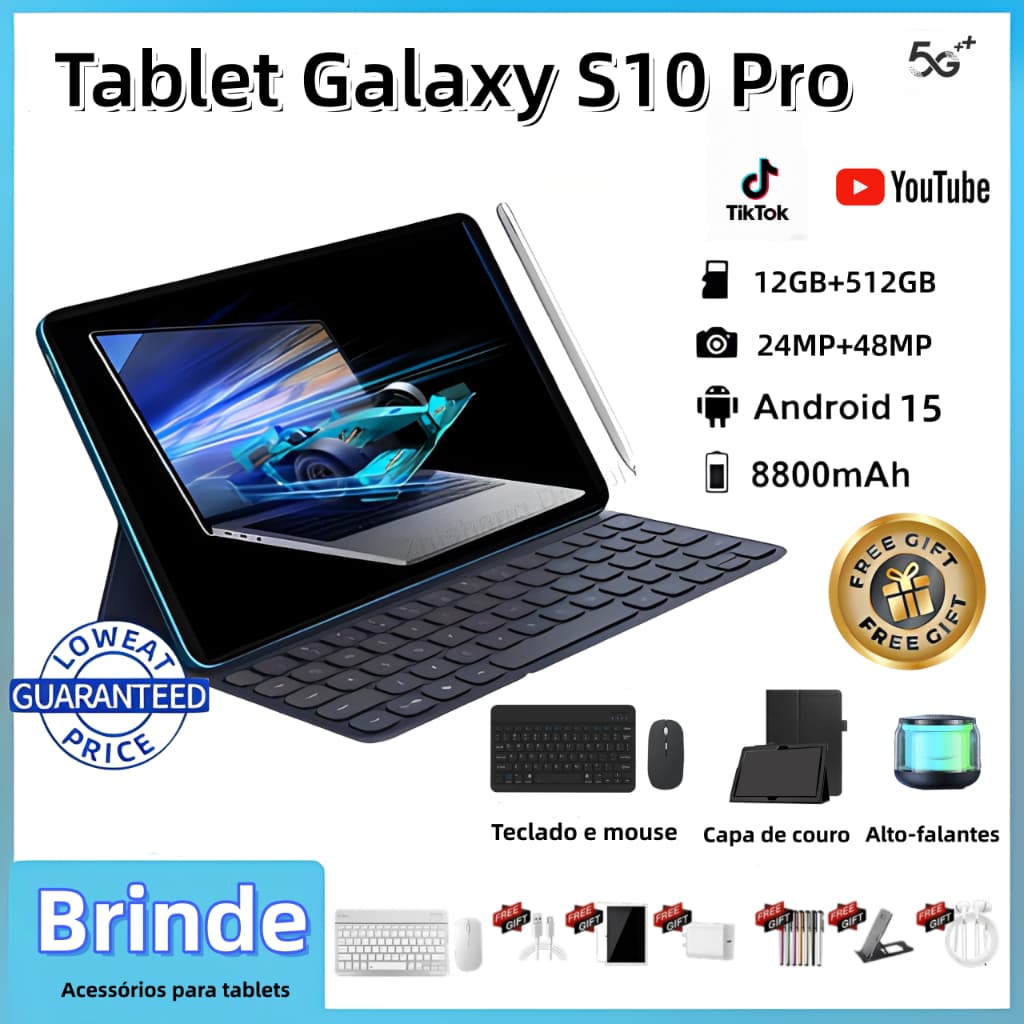 【Teclado e mouse gratuitos】Tablet Galaxy S10 Pro de 11,6 polegadas 12 GB + 512 GB 8800 mAh Tablet Android 5G wifi