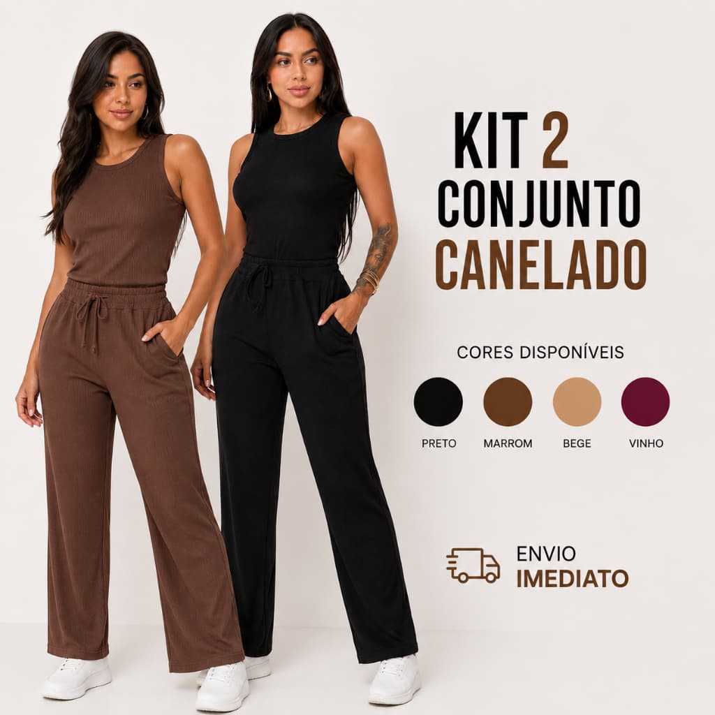 Kit 2 Conjunto Canelado Pantalona Wide Leg Com Bolso Regata Canelada Feminina