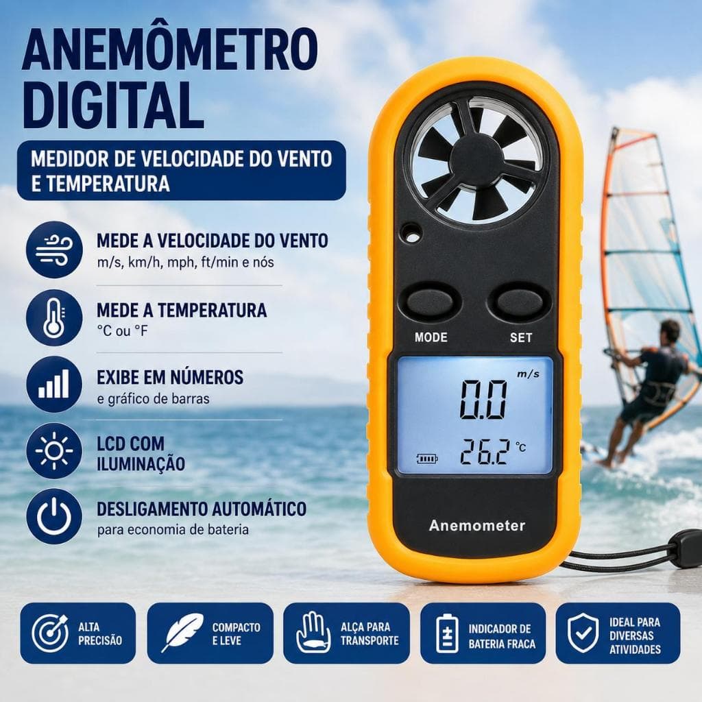 Anemômetro Digital Medidor Velocidade do Vento Termômetro LCD Iluminado Portátil Alta Precisão com Bateria