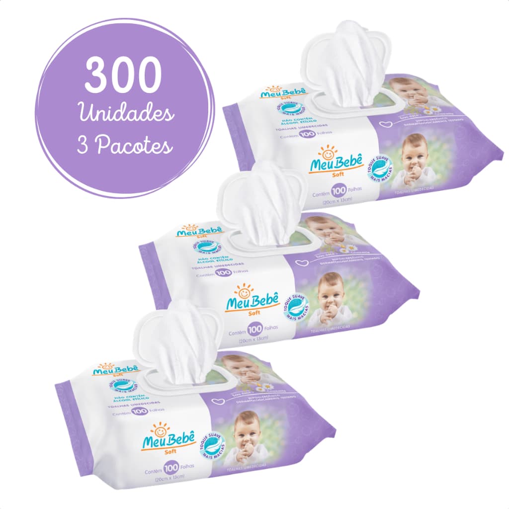 Toalha Umedecida meu bebê soft Recém-Nascido Kit 3x100 para Higiene e Troca de Fralda