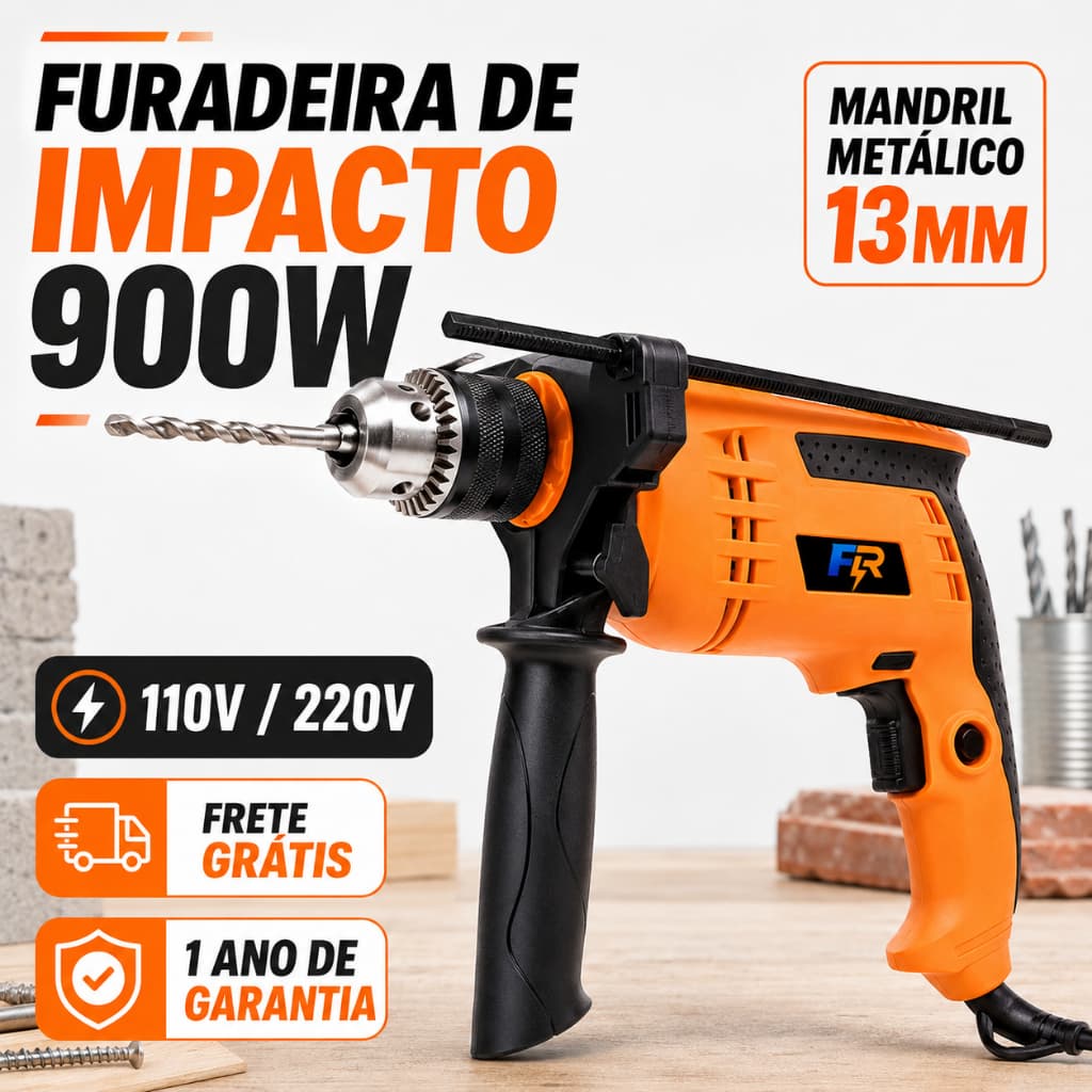 Furadeira de Impacto Parafusadeira 900W 13mm 110V ou 220V Mandril Metálico 3200RPM Alta Potência