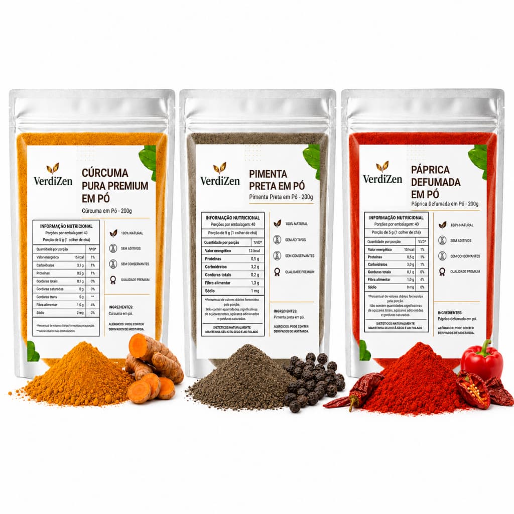 Kit 3 Temperos Cúrcuma, Pimenta Preta E Páprica Defumada 200g