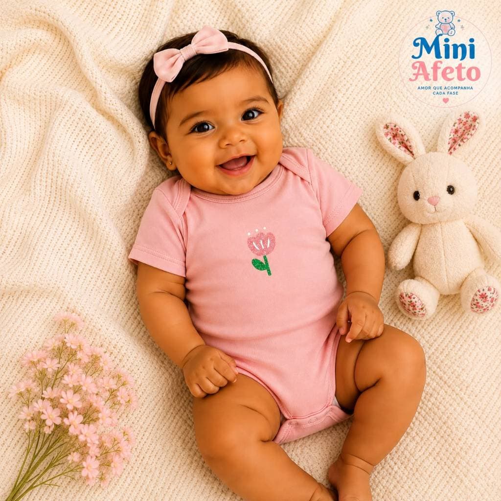 Body Bebê Menina Rosa Manga Curta Estampa Flor Algodão Enxoval Recém Nascido, roupa bebe menina