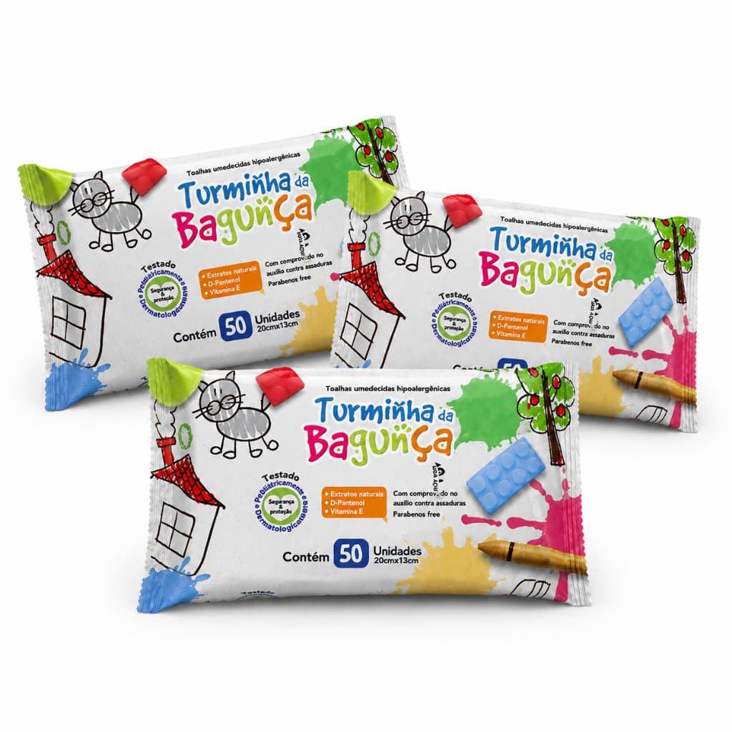 Kit 3 Lenços Umedecido Infantil 50 Folhas Cada - Hidratação Limpeza Suave Bebê - Turminha da Bagunça