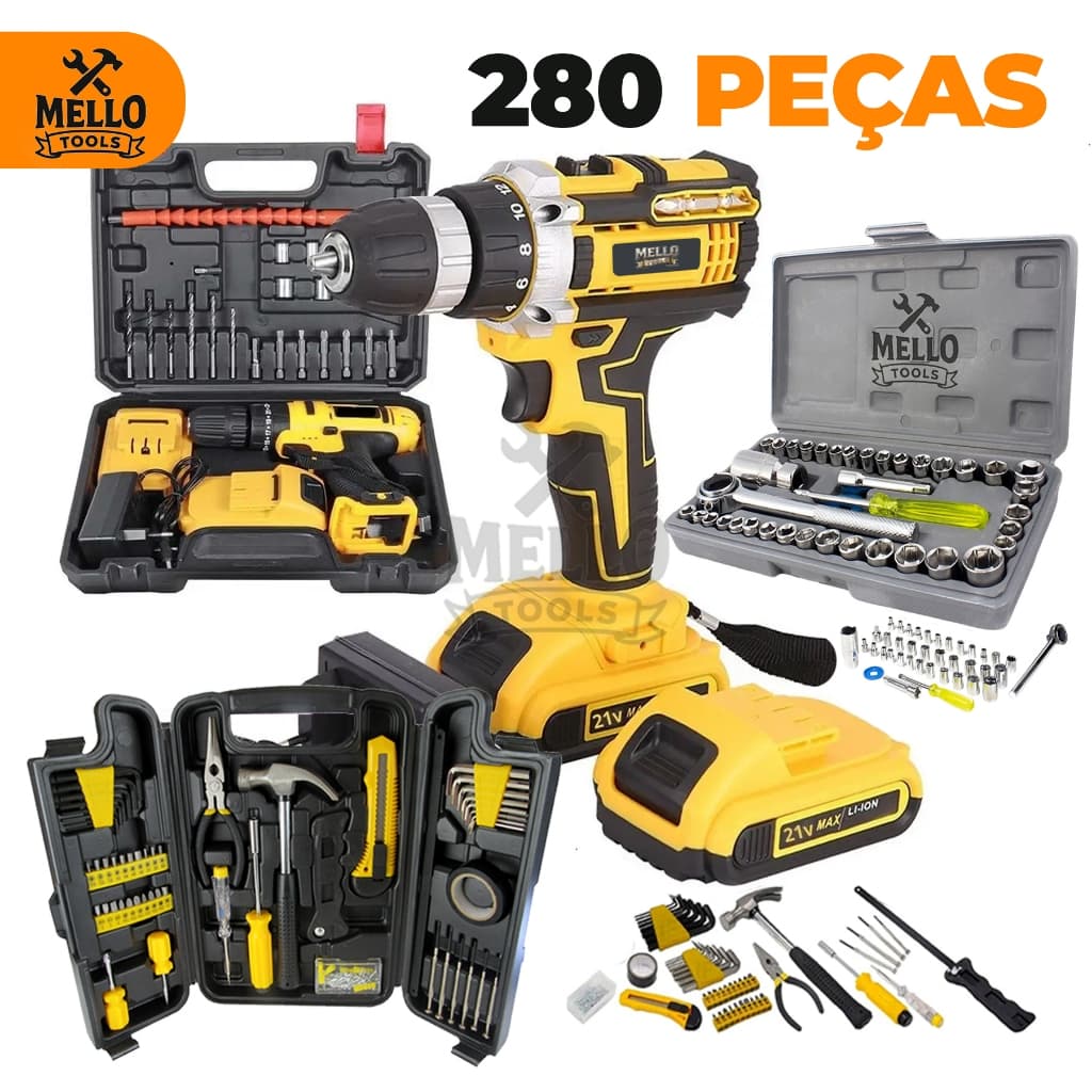 Jogo Kit Ferramentas 280 Peças com Parafusadeira/Furadeira 21V Sem Fio + Jogo de Soquete e Maleta Completa Profissional