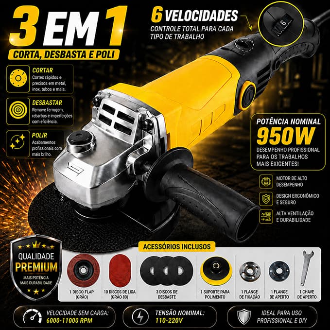 Esmerilhadeira Lixadeira 3 em 1 Multifuncional  Profissional 950W 6 Velocidades