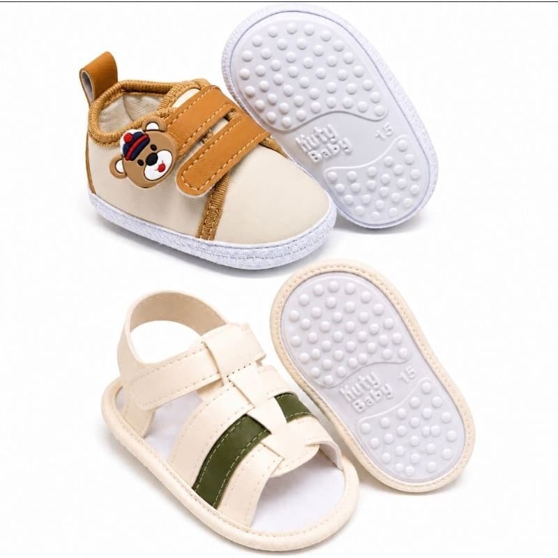 Kit Calçados Bebê Menino 2 Pares Tênis Urso + Sandália Off White, Confortáveis e Antiderrapantes! 🐻💙