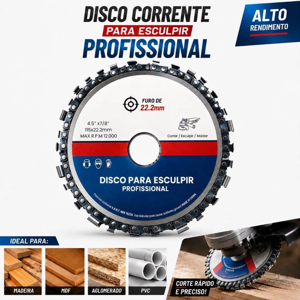 Disco Corrente Cortar Esculpir Madeira Aço Inox Plástico Motoserra 115x22,23mm Esmerilhadeira