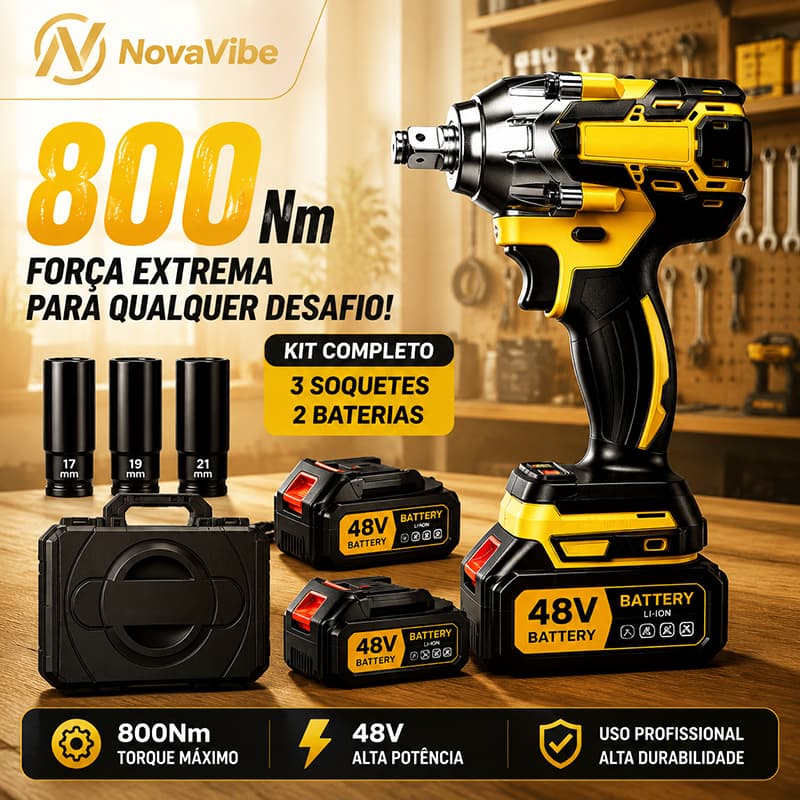 Parafusadeira Chave de Impacto 48V 800Nm Elétrica Sem Fio Alta Potência, Kit Completo com Soquetes e Maleta para Oficina