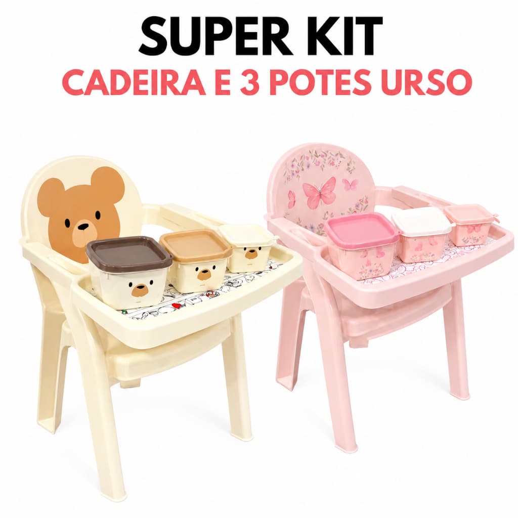 Cadeira de Alimentação Kit Poltrona Infantil Bebê + 3 Potes Plasutil Verde, Rosa, Creme