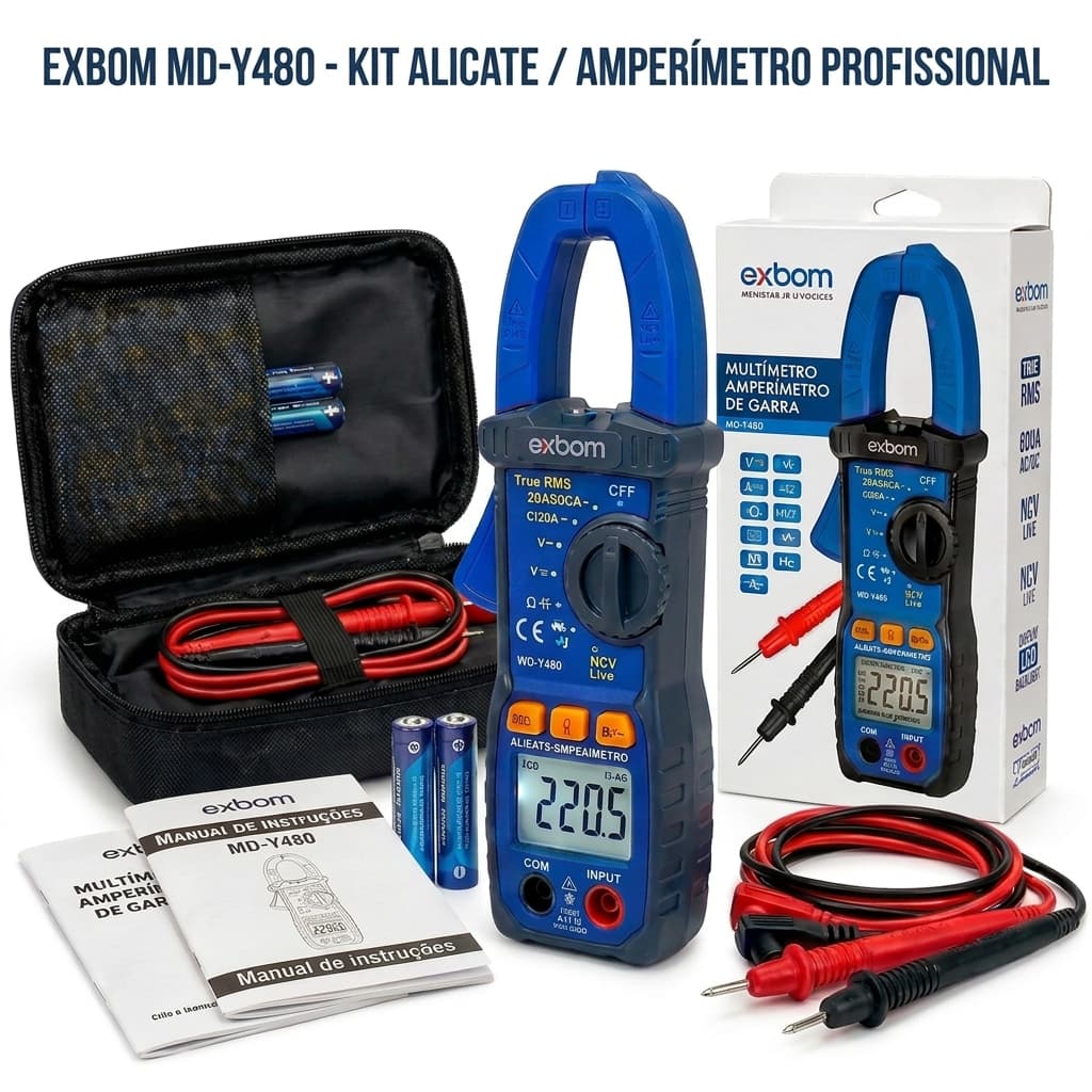 Alicate Amperímetro Digital Exbom True RMS 600V NCV+Estojo/Pilhas N.Fiscal)