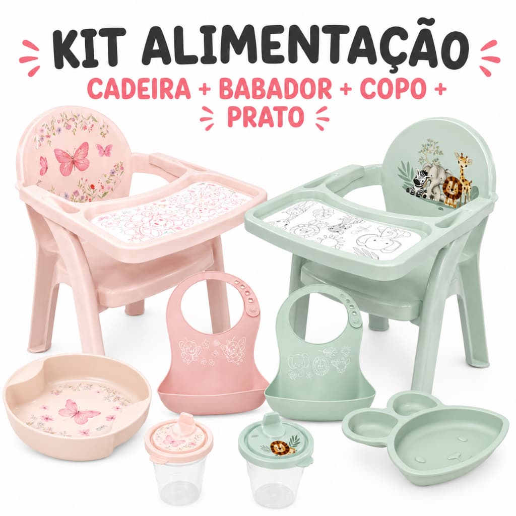 Cadeira Bebê Alimentação Completa com Copo Babador Prato Introdução Alimentar