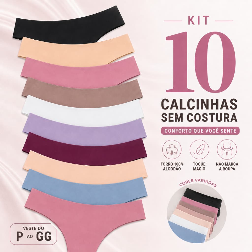 Kit 10 Calcinha Feminina Fitness Sem Costura Não Marca Academia Forro 100% Algodão