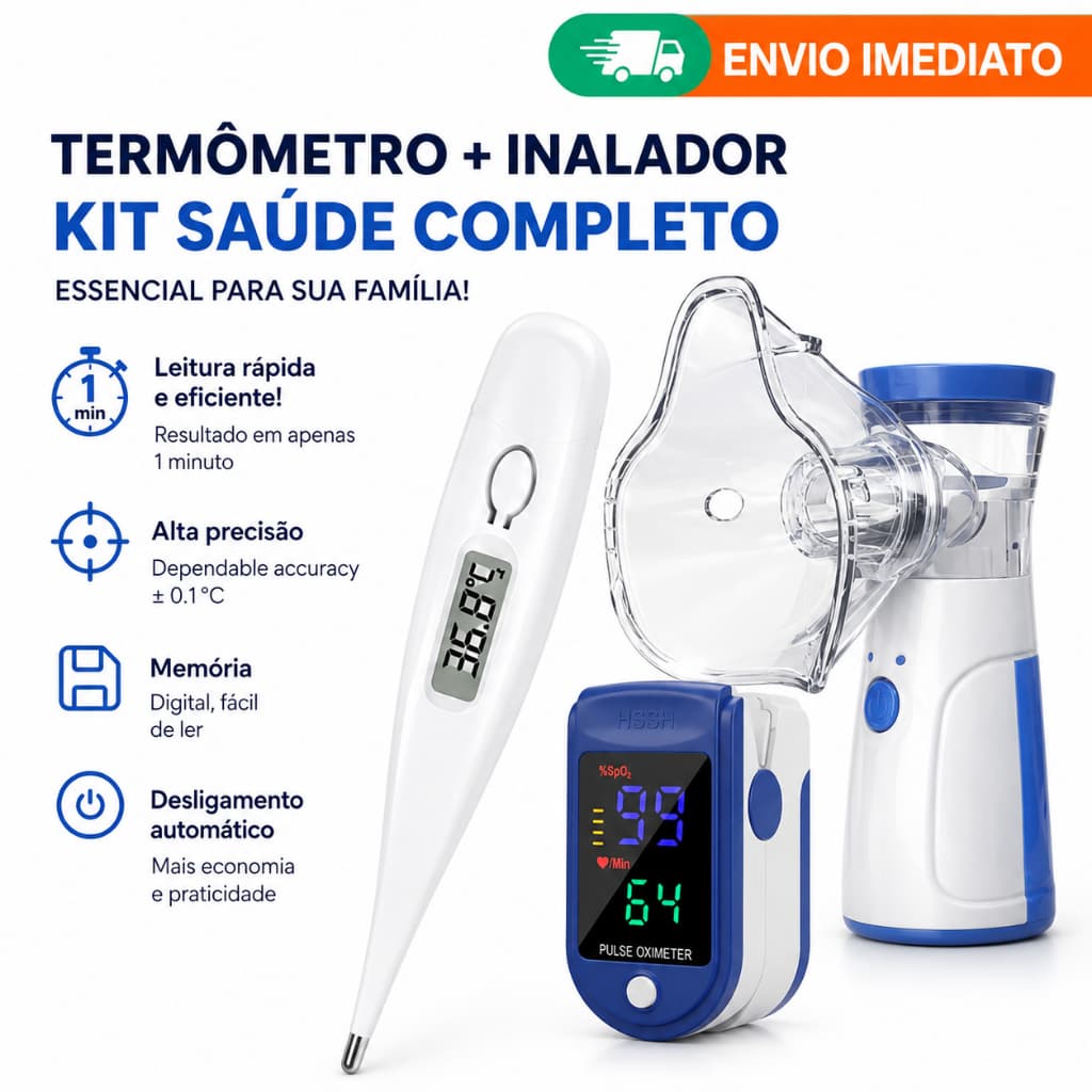 Kit Completo Oximetro digital + Termômetro + inalador ultrasonico Portatil