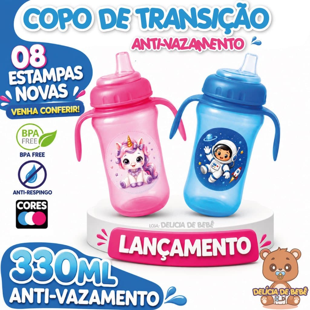 Copo Para Bebê Anti-Vazamento 330ML Transição - Bico Silicone Macio - Alça Removivel - Mamadeira