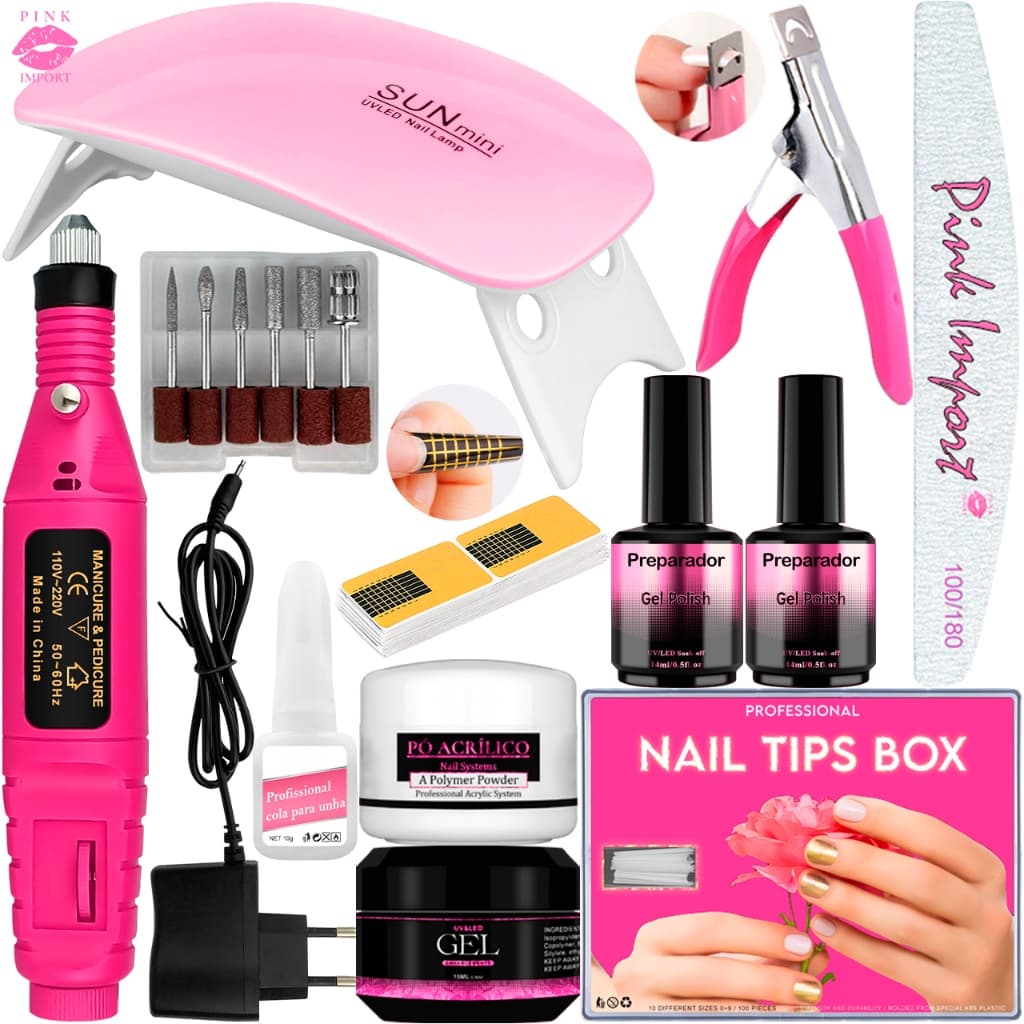 Kit Manicure Iniciante Completo Gel De Unhas Cabine Estufa Sun Mini + Lixadeira Eletrica de Unhas