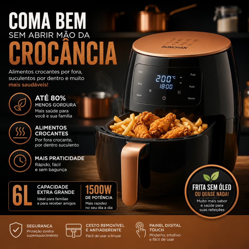 Air Fryer 6L Digital 1500W 110V SUNCHAN Fritadeira Sem Óleo LCD Touch Cesto Antiaderente