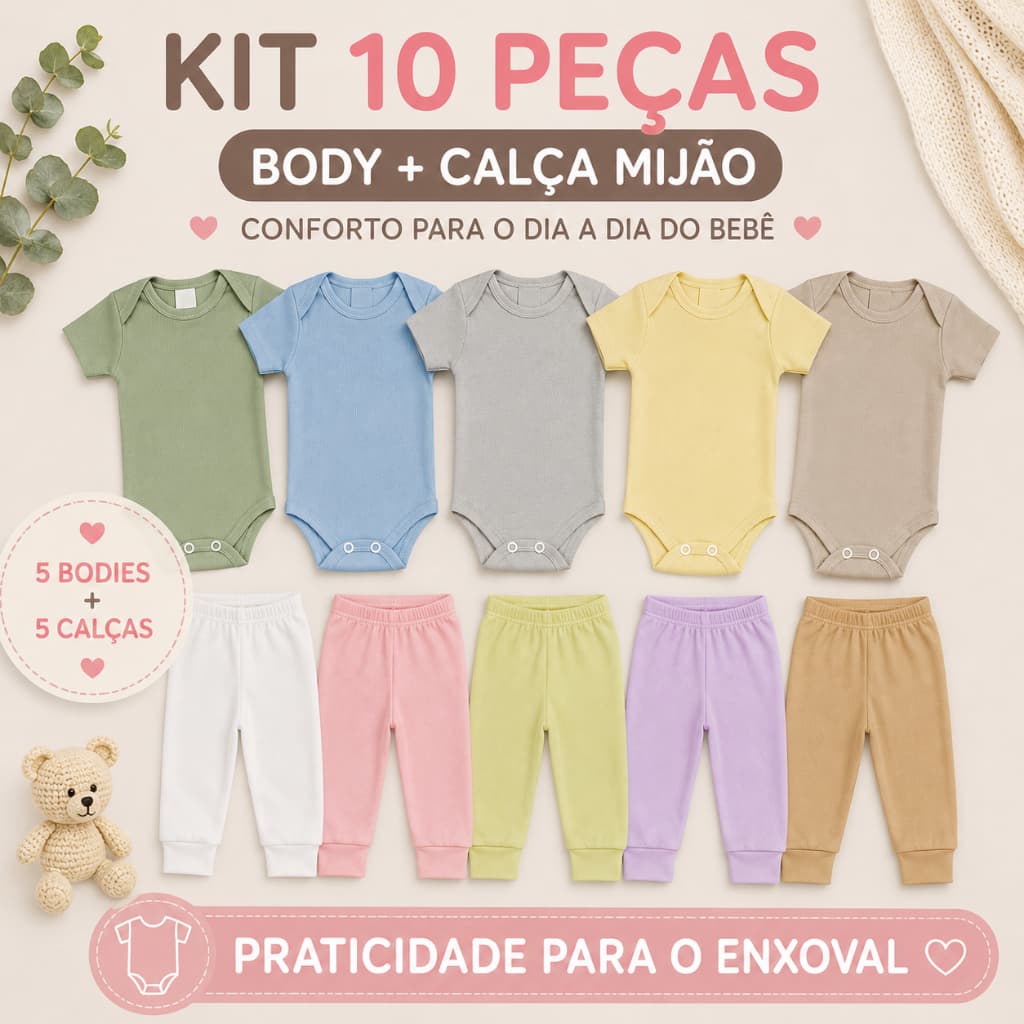 Kit 10 Peças Enxoval Bebê Body Manga Curta Canelado Calça Mijão Menino Menina Unissex P M G Roupa Infantil Confortável