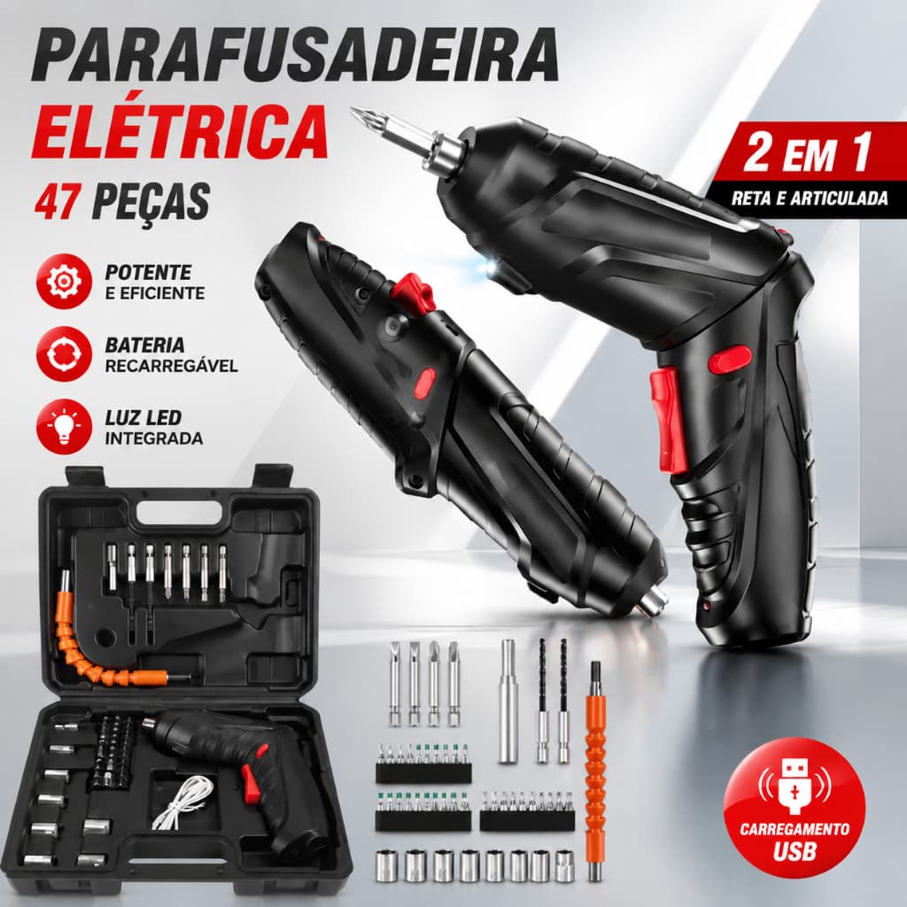 Parafusadeira eletrica recarregavel ferramenta para casa kit completo compacta giro reversivel luz LED dobravel 90°