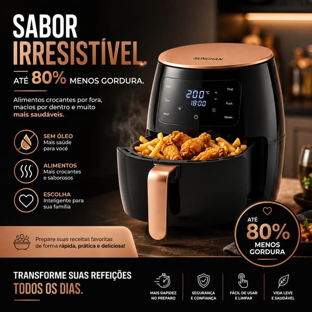 Air Fryer 6L Digital 1500W 110V Sem Óleo Painel Touch Grande Para Família SUNCHAN