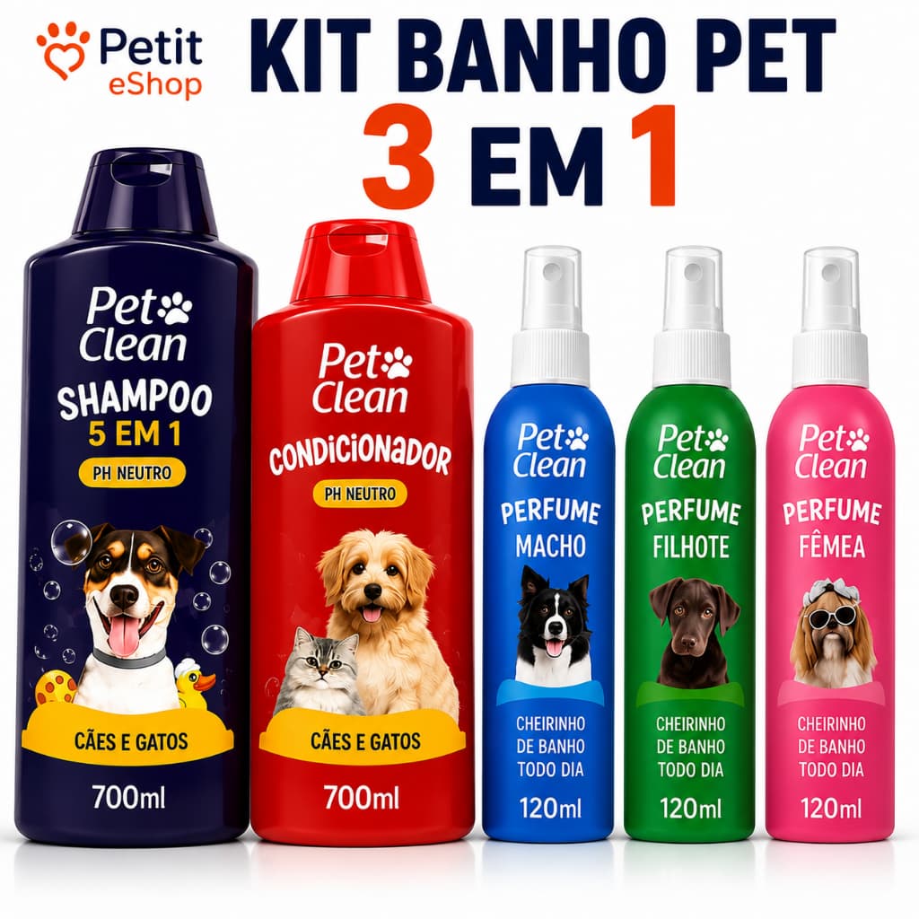 Kit Shampoo 5 em 1 Pet Clean 500ml + Condicionador + Perfume para Cães e Gatos | Higiene Completa