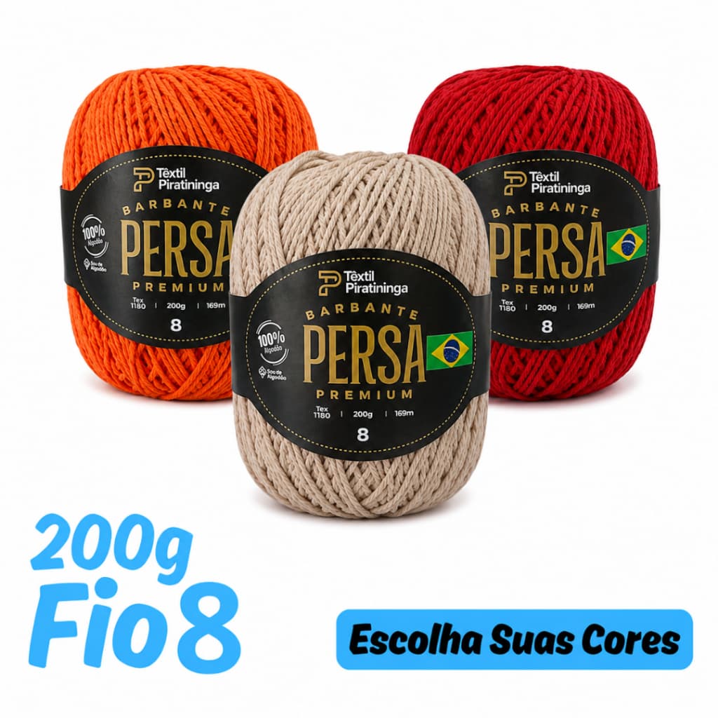 Linha Barbante Persa Premium 200g 4/8 169m Fio 8 100% Algodão para Crochê Sousplat e Tapetes