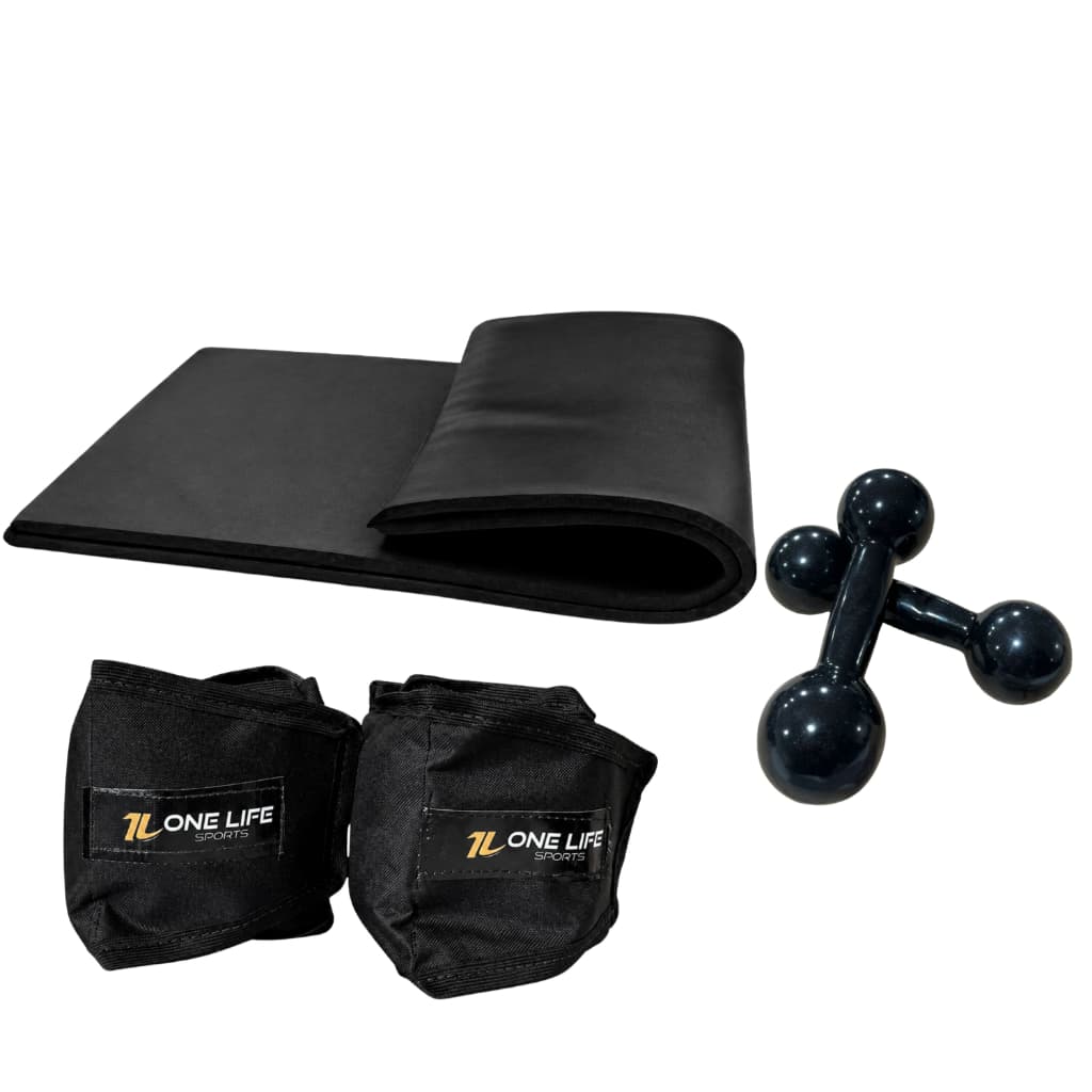 Kit Aeróbico Em Casa Caneleira 1kg + Colchonete Profissional Preto + Halter 1kg Fitness Academia