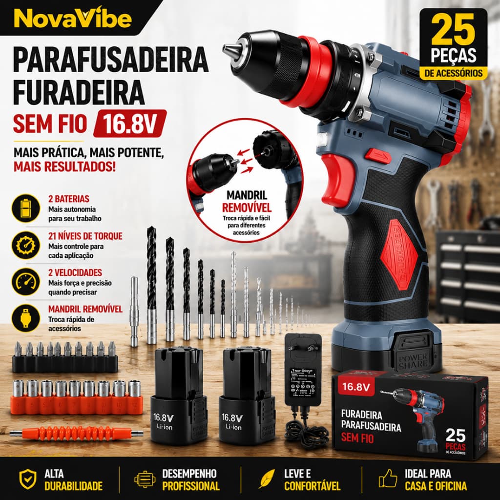 NovaVibe Parafusadeira Furadeira Sem Fio 16.8V 2 Baterias Kit Completo 25 Peças Mandril Removível Controle de Torque