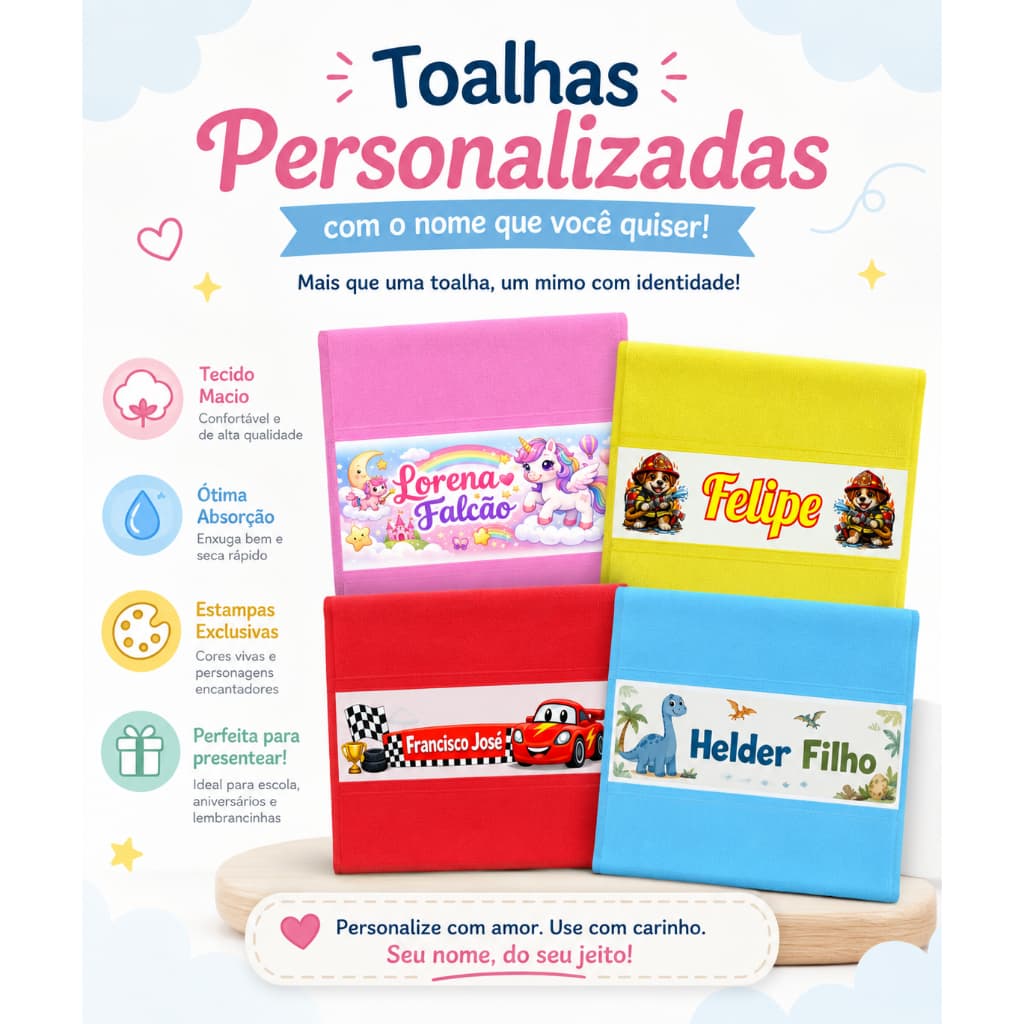 4 Toalhinhas De Mão Personalizada com nome Lavabinho Toalha bebe criança escola escolinha creche