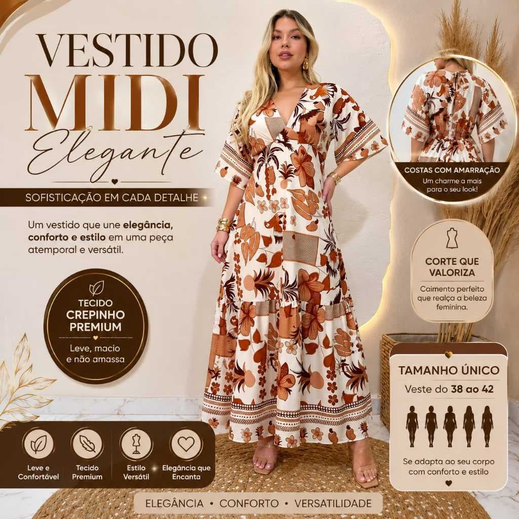 vestido feminino Midi estampado com elastex nas costas