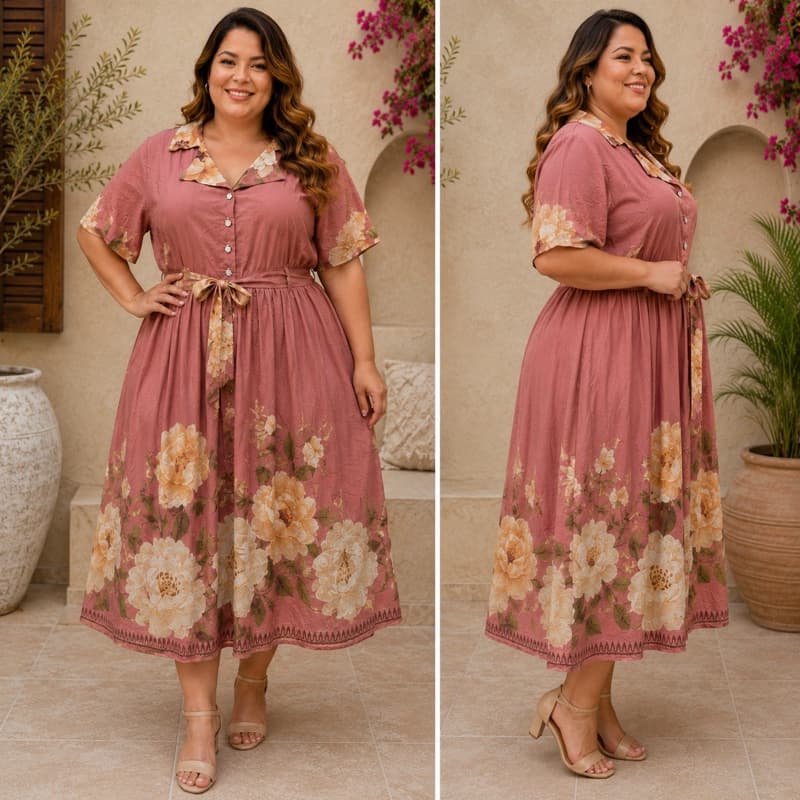 Vestido Plus Size Longo Estampado Floral Manga Curta com Bolsos Moda Evangélica Premium