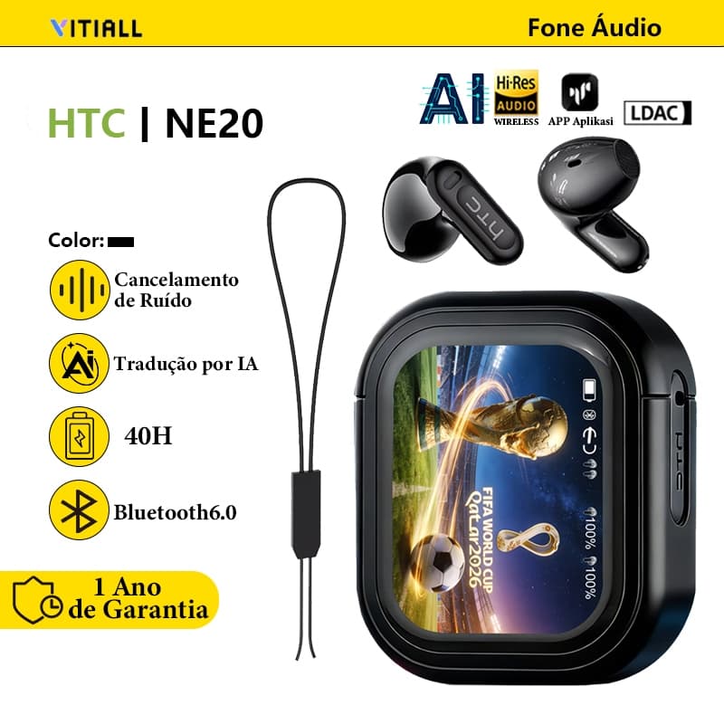 HTC NE20 Fone de ouvido sem fio Bluetooth 6.0 com tradutor via IA mini fones esportivos IPX5 e tela multifuncional