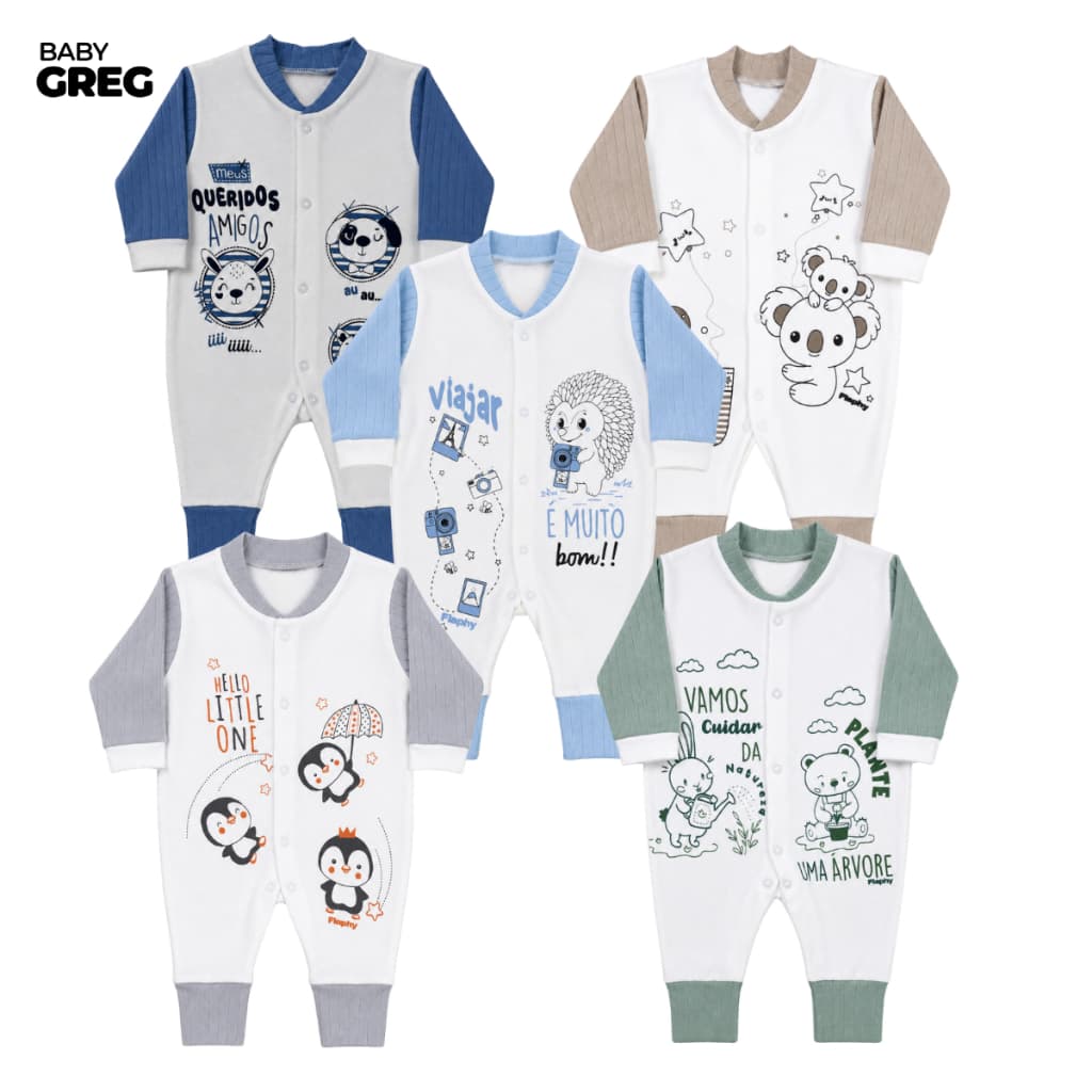 Kit 5 Macacões Bebê Menina e Menino Vira Pé com Zíper Estampados 100% Algodão Enxoval 0 a 9 Meses
