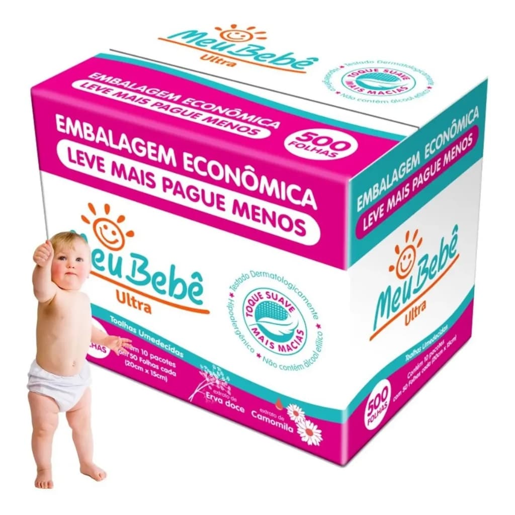 Toalha Lenço Umedecido Meu Bebê Ultra 500 Folhas Infantil Limpeza Suave Macio
