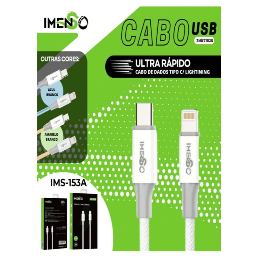 Cabo Carregador Celular Tipo-C para iPhone Original Imenso 153A Carga Rápida 2Metros